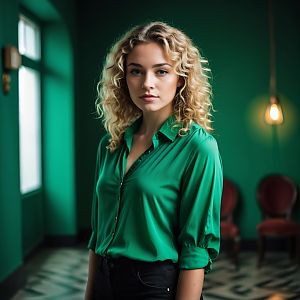 Portrait of Young Woman in Green Satin Blouse in Moody Green Room