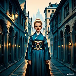 Confident Woman in Elegant Blue Robe on European Street