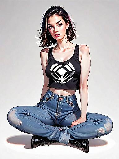 Realistic Comic Style Illustration of Woman in Casual Outfit Sitting Cross-Legged