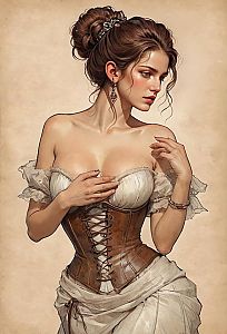 Elegant Woman in Vintage Leather Corset Digital Illustration