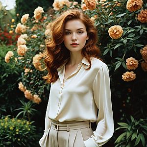 Elegant Red-Haired Woman in Cream Blouse Among Peach Roses