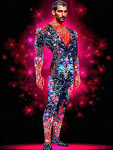 Confident Man in Floral Suit Against Neon Background