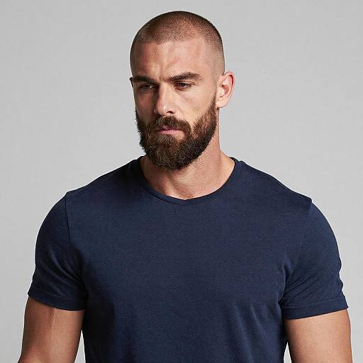 Portrait of Serious Bearded Man in Navy Blue T-Shirt Gen Z Style