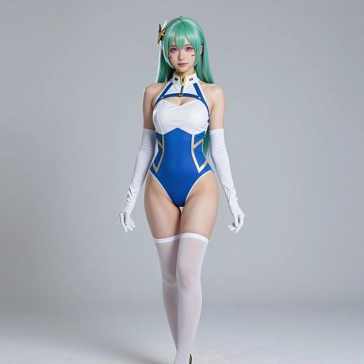 Kannagi Itsuki Cosplay Costume with Green Wig and Elegant Blue Bodysuit