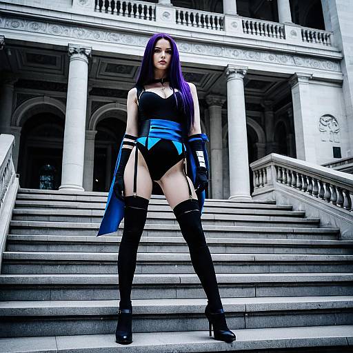 Confident Woman in Gothic Blue and Black Costume on Stone Steps