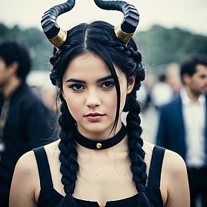 Young Woman in Gothic Fantasy Fashion with Braided Crown and Horns