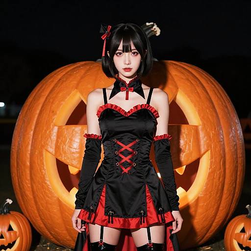 Woman in Black and Red Gothic Halloween Costume with Giant Jack-o'-Lantern