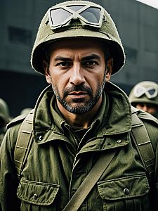 Man in Army-Inspired Olive Green Costume with Cinematic Realism