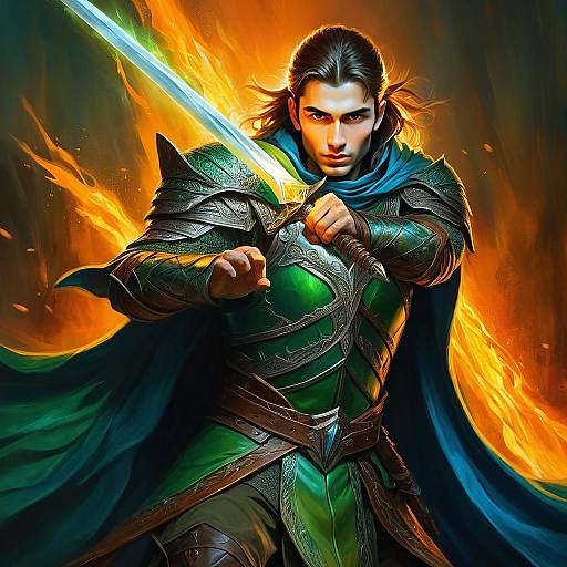 Epic Fantasy Warrior in Green Armor with Fiery Sword Digital Art