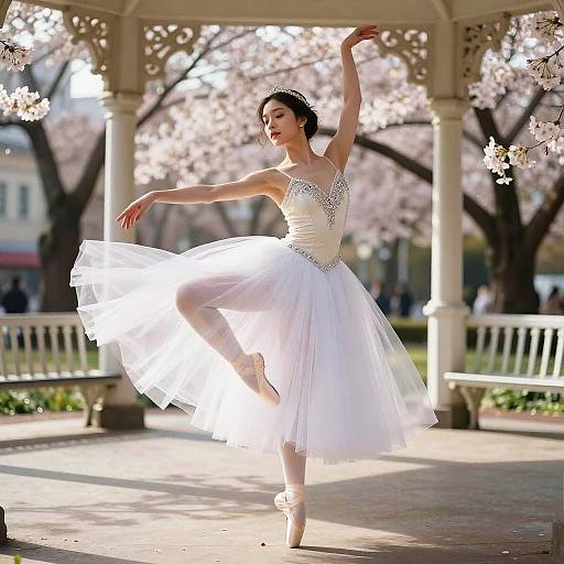 Elegant Ballet Dancer Performing in White Tutu Under Cherry Blossoms