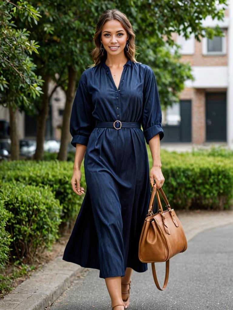 Stylish woman in blue dress walking in urban street