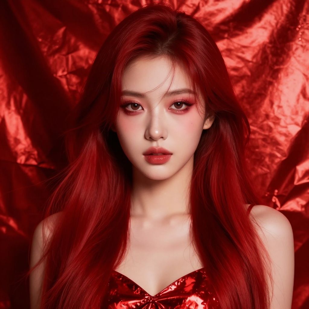 Vibrant Red-Haired Woman Fashion Portrait on Glossy Red Background