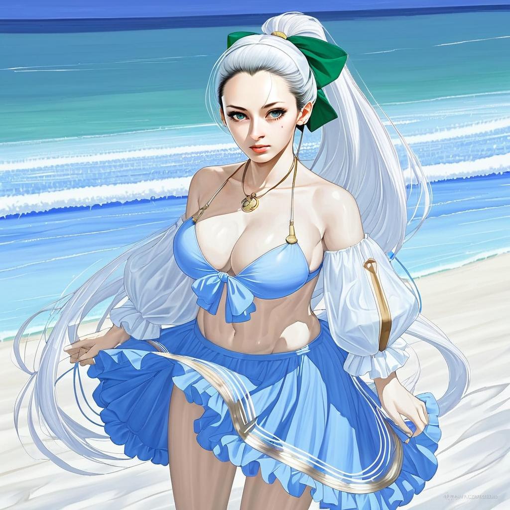 Anime Woman in Blue Swimsuit Inspired by Fate Series at Beach