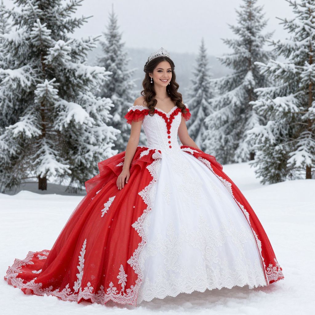 Woman in Elegant Red and White Ball Gown in Snowy Forest