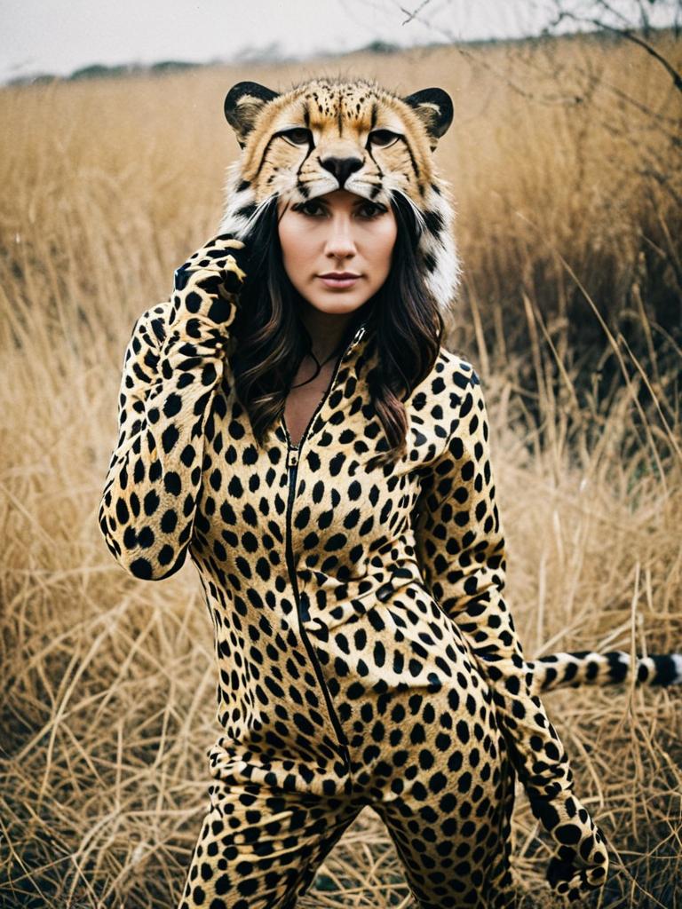 Woman in Realistic Cheetah Costume Cosplay in Nature
