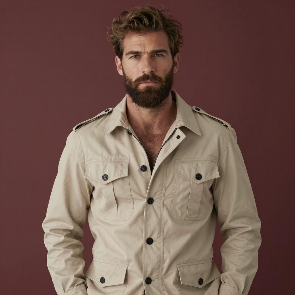 Bearded Man in Beige Utility Jacket Standing Against Maroon Background