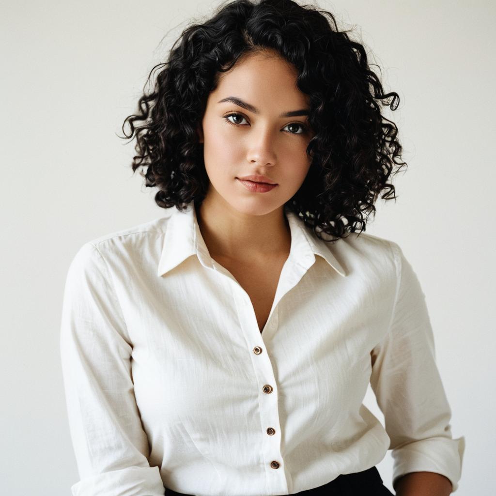 Portrait of Woman with Curly Hair in White Shirt Realistic Photo Portrait of Woman with Curly Hair in White Shirt Realistic Photo