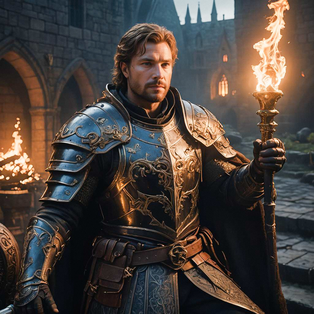 Medieval Armor Man with Torch in Castle