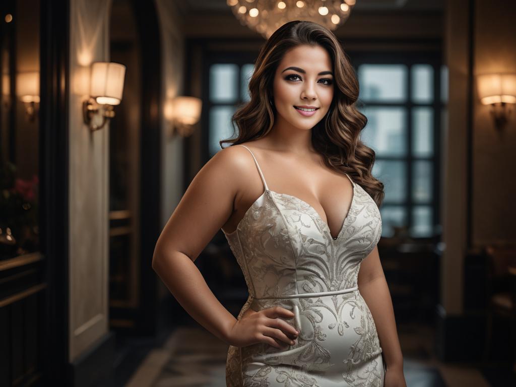 Confident Curvy Woman in Elegant Evening Gown