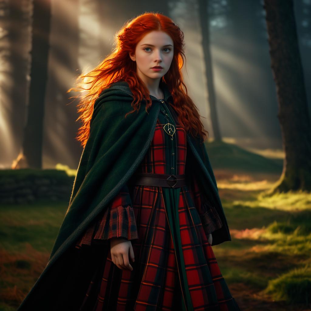 Young Woman in Plaid Gown and Cloak in Enchanted Forest