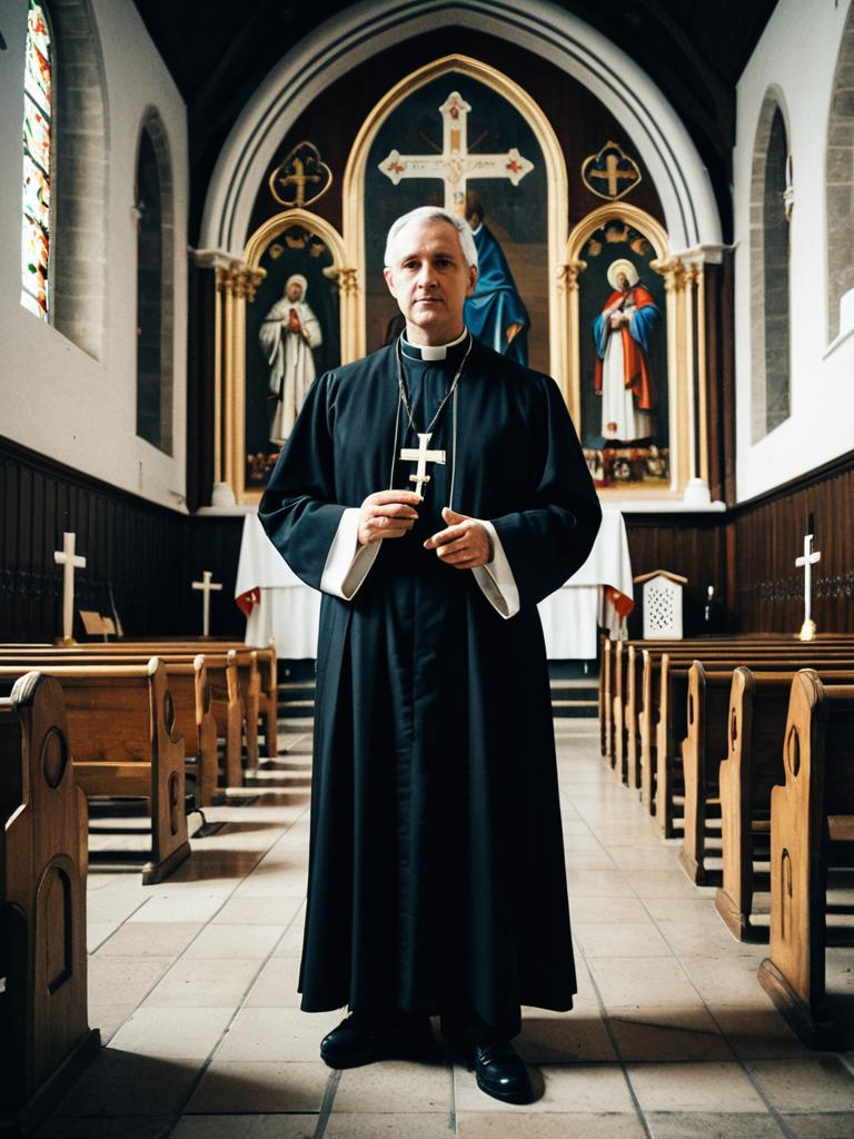 Man in Catholic Priest Costume Full Body Cosplay Photo in Church Interior