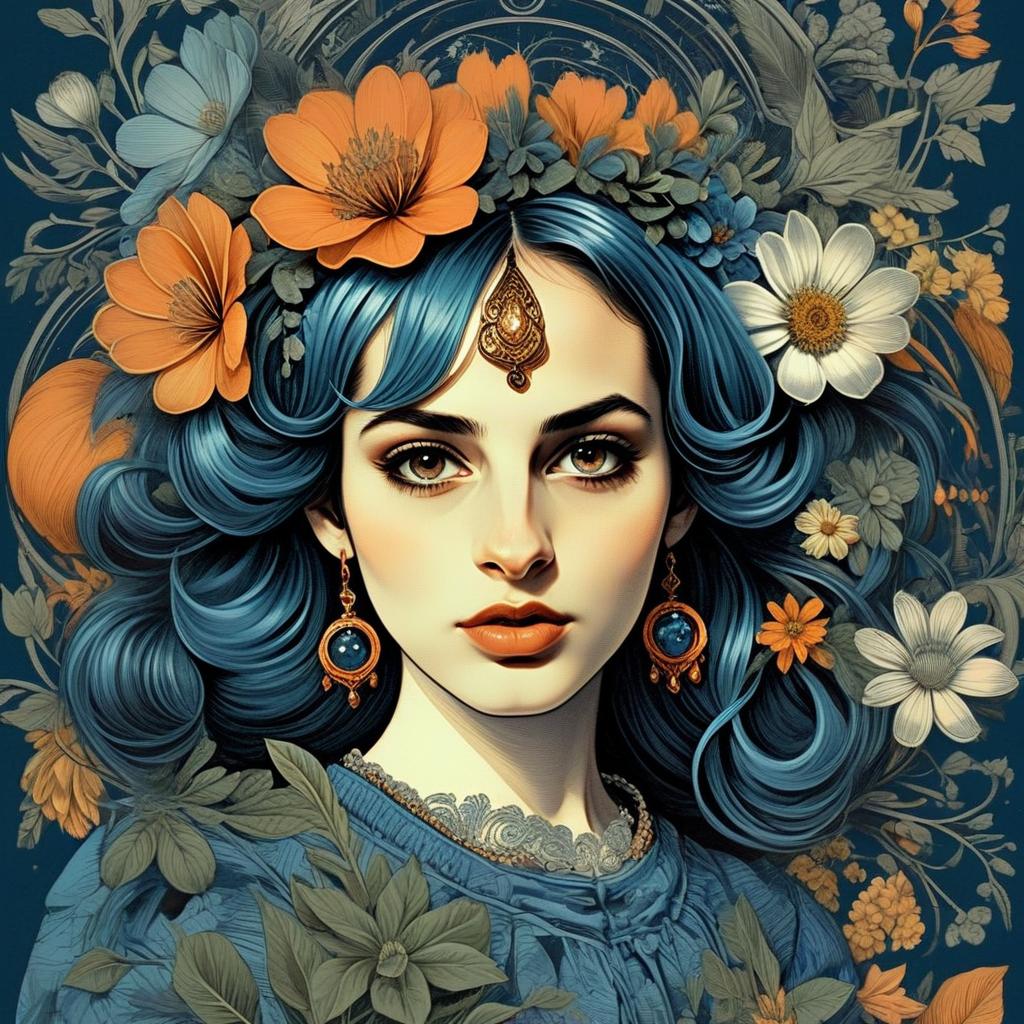 Portrait of a Woman with Blue Hair and Floral Accents