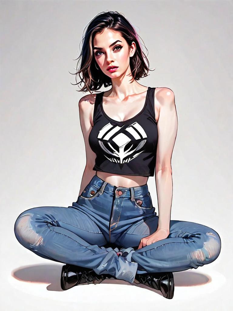 Realistic Comic Style Illustration of Woman in Casual Outfit Sitting Cross-Legged