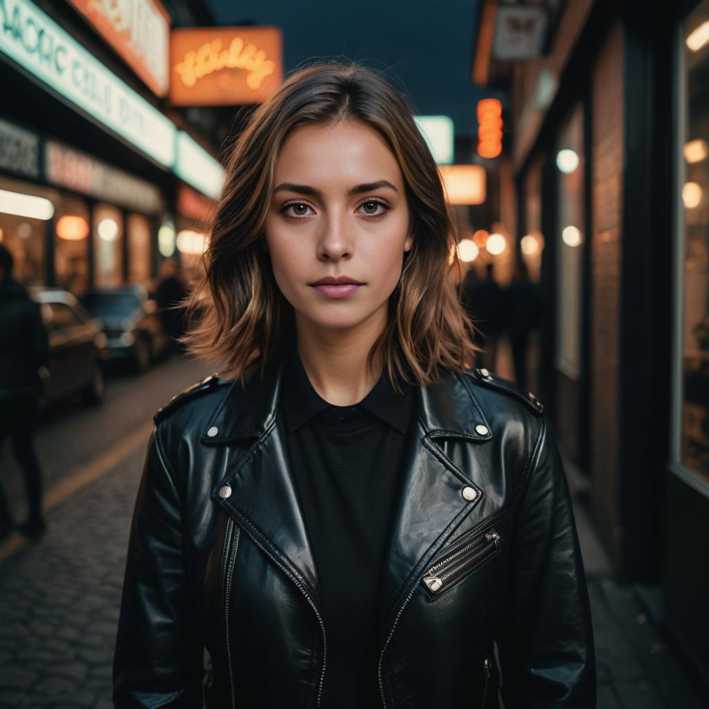 Young Woman in Black Leather Jacket at Dusk