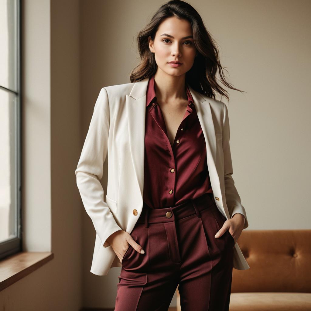 Confident Woman in Cream Blazer and Burgundy Silk Outfit Indoor Portrait