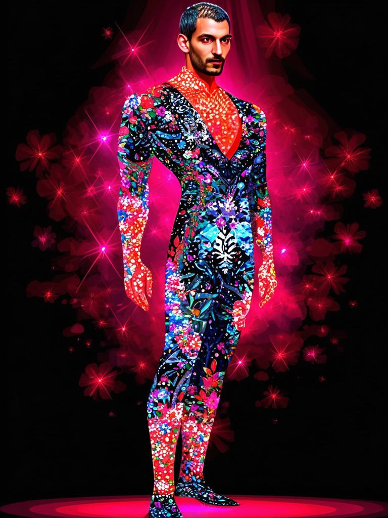 Confident Man in Floral Suit Against Neon Background Confident Man in Floral Suit Against Neon Background