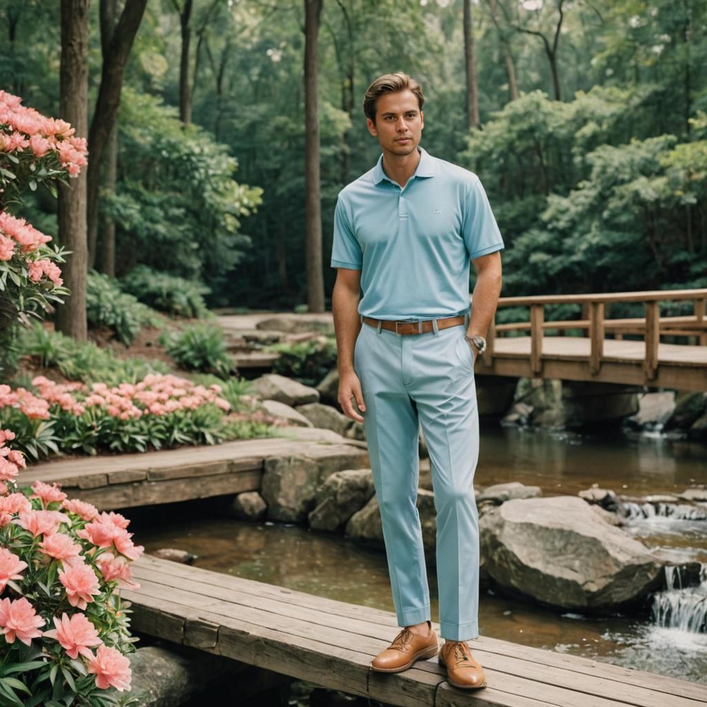 Stylish Man on Wooden Bridge in Park