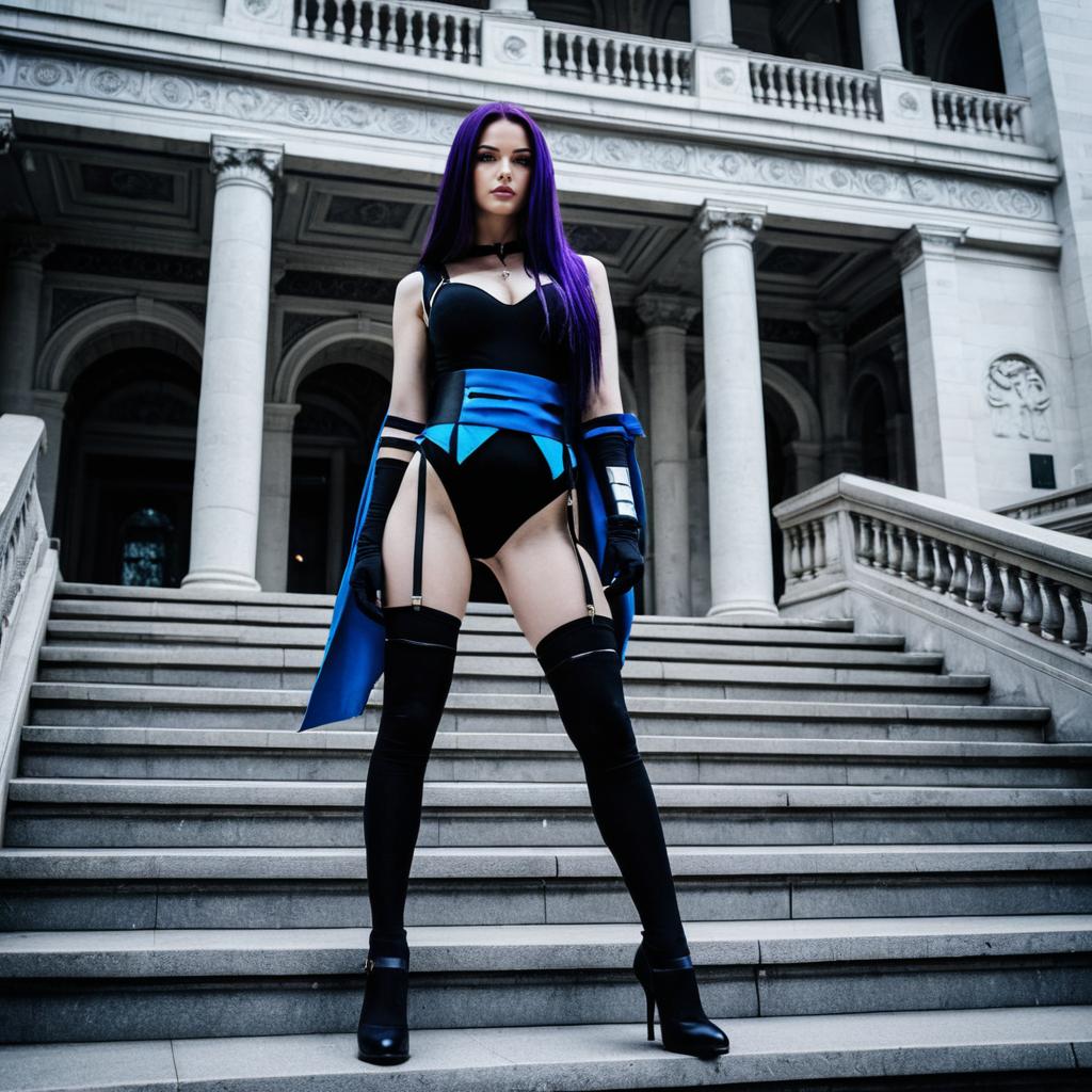 Confident Woman in Gothic Blue and Black Costume on Stone Steps