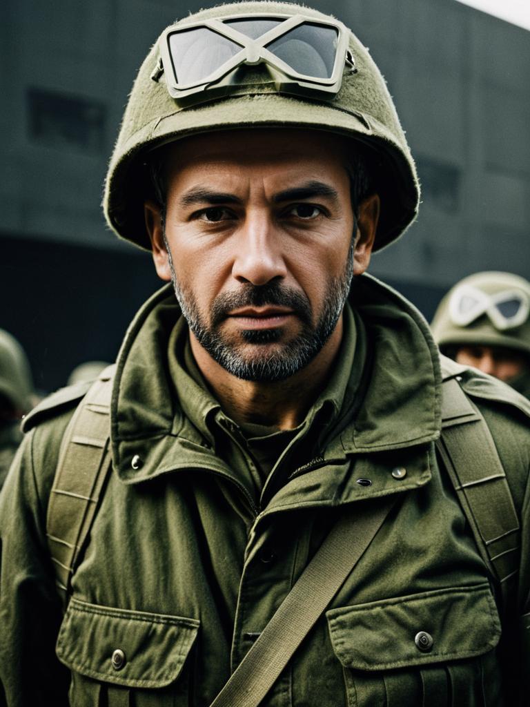 Man in Army-Inspired Olive Green Costume with Cinematic Realism