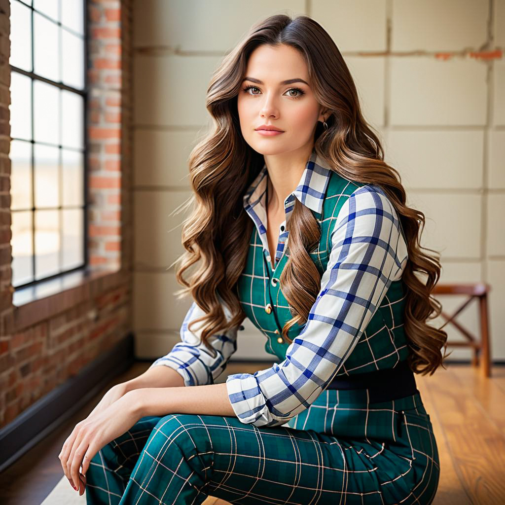 Stylish Woman by Sunlit Window in Green Plaid Outfit