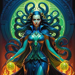 Powerful Woman in Fantasy Setting with Glowing Orbs