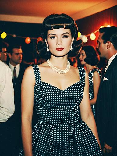 Woman in Retro Party Dress with Polka Dots at Vintage Style Event