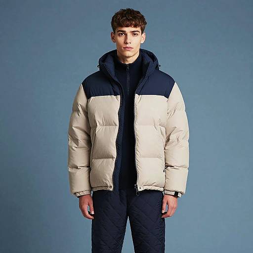 Gen Z Young Man Wearing Stylish Puffer Jacket and Quilted Pants