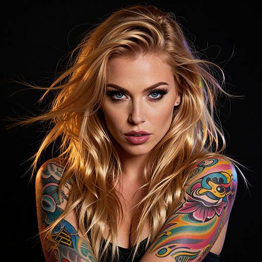 Blonde Woman with Colorful Sleeve Tattoos and Intense Gaze