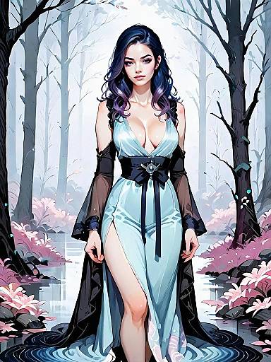 Dark Fantasy Medieval Woman in Foggy Forest Full Body Digital Illustration