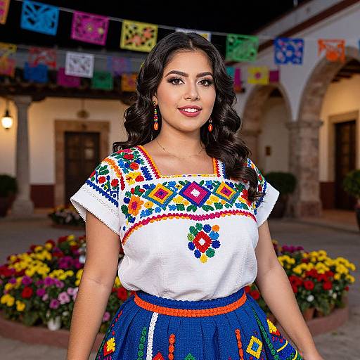 Young Woman in Traditional Mexican Embroidered Dress in Courtyard
