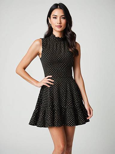 Woman in Modern Chic Sleeveless Black Mini Dress with Gold Polka Dots