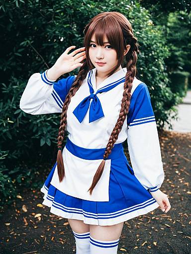 Young Woman in Blue and White Sailor School Uniform with Braided Hair