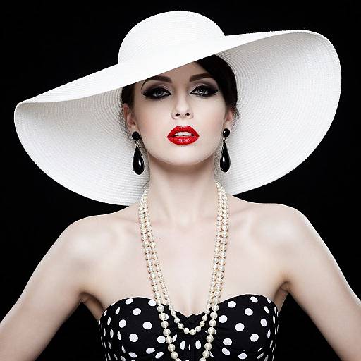 Elegant Woman in Wide White Hat and Polka Dot Dress with Pearl Necklace