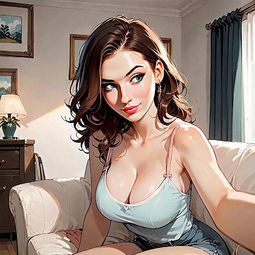 Digital Illustration of Young Woman with Blue Eyes in Cozy Interior