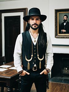 Stylish Man in Black Hat and Vintage Vest with Gold Accessories
