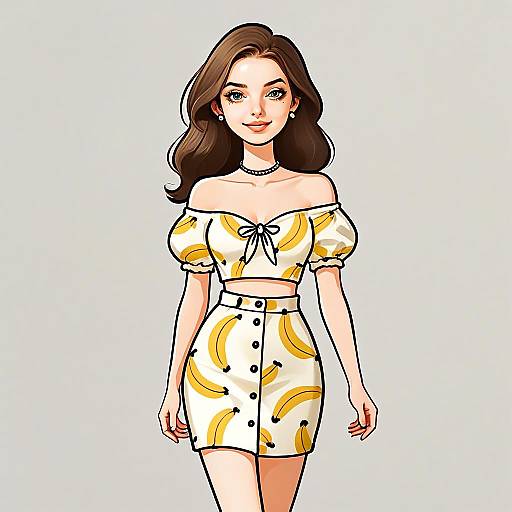 Woman in Playful Summer Banana Print Outfit Digital Illustration