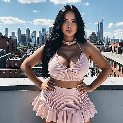Confident Woman in Pink Outfit on Urban Rooftop with City Skyline