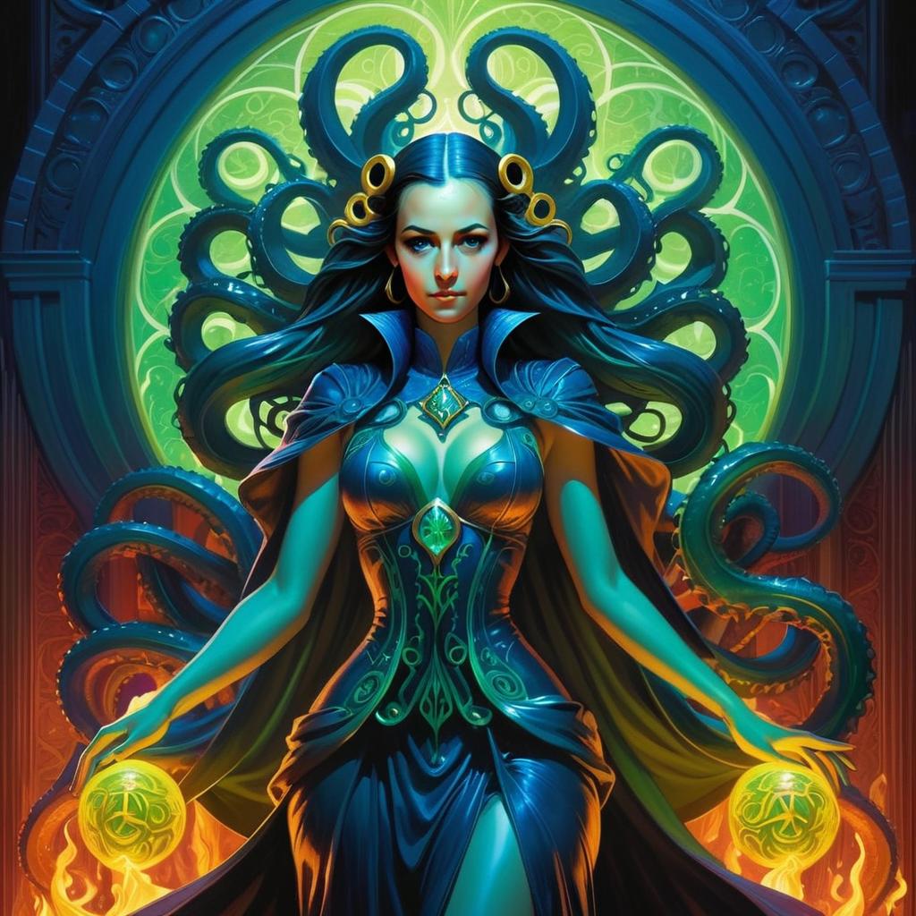 Powerful Woman in Fantasy Setting with Glowing Orbs Powerful Woman in Fantasy Setting with Glowing Orbs