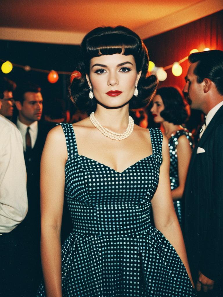 Woman in Retro Party Dress with Polka Dots at Vintage Style Event