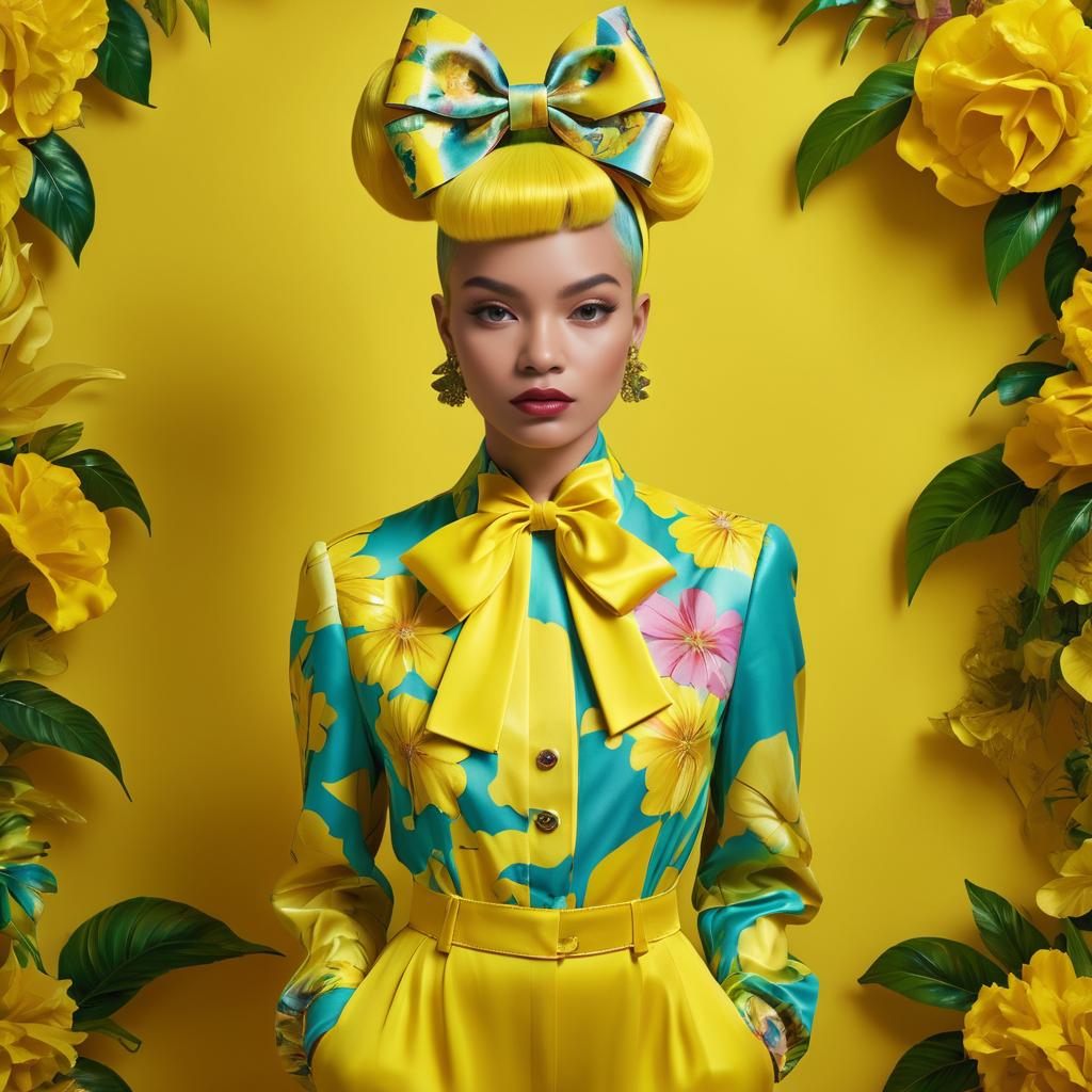 Woman in Yellow and Blue Floral Outfit with Bow